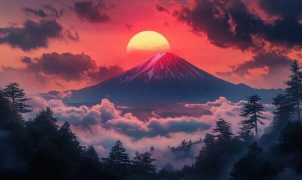 Traditional Japanese landscape with a red sun glowing over Mount Fuji, surrounded by delicate brushstrokes of clouds and trees