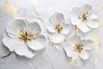 White Floral Art with Gold Accents and Textured Background for Decorative Design