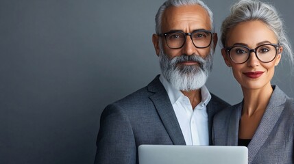 Elegantly Dressed Business Duo with Laptop Showcasing Innovation and Professionalism