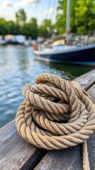 A lengthy, coiled rope lies on a wooden dock next to tranquil waters, where sailboats rest peacefully during the soft glow of late afternoon light at the marina