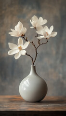 White Magnolia Flowers in a Speckled Grey Vase on Wooden Table