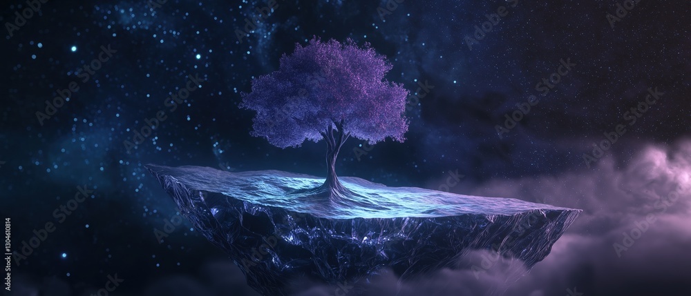 Poster digital illustration of a tree on top of an iceberg. the tree is a single tree with a thick trunk an