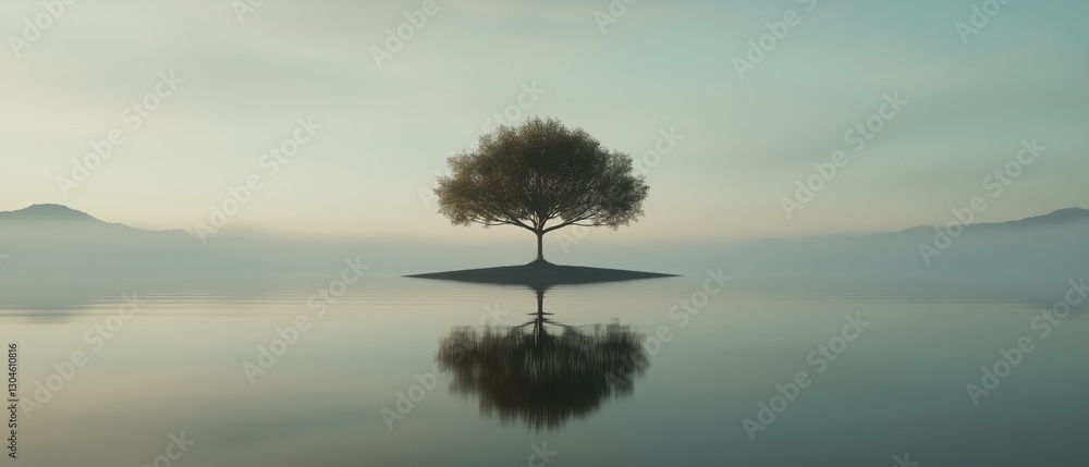 Aufkleber photograph of a single tree on a small island in the middle of a calm lake. the tree is tall and sle