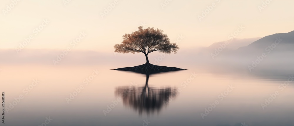 Poster photograph of a single tree on a small island in the middle of a calm lake. the tree is bare and has