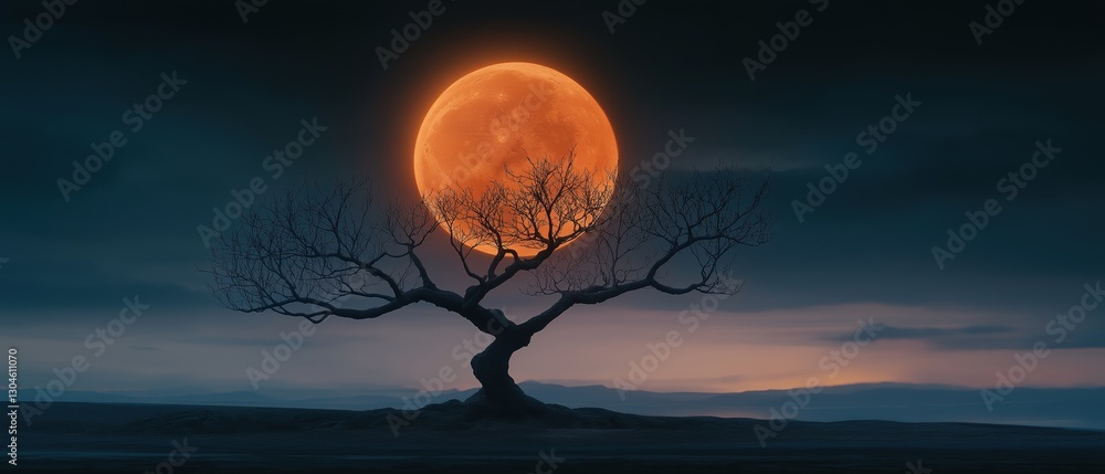 Poster digital illustration of a lone tree on a hill with a full moon in the background. the tree is bare w