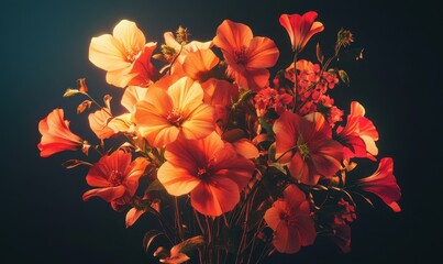 Vibrant bouquet of orange and red flowers glowing under natural light, arranged elegantly for a lively and refreshing floral design