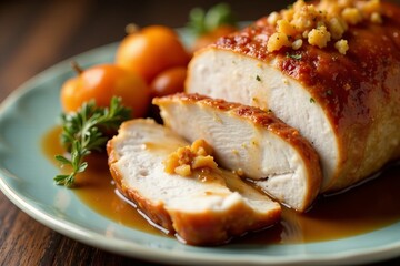 Close up of succulent sliced roast turkey with traditional stuffing and gravy, succulent, delicious