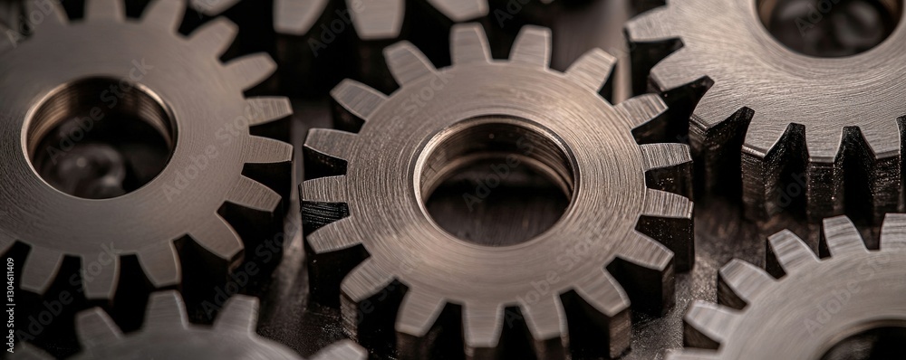 Poster industrial machinery and mechanical systems mechanized. close-up of metallic gears with intricate de