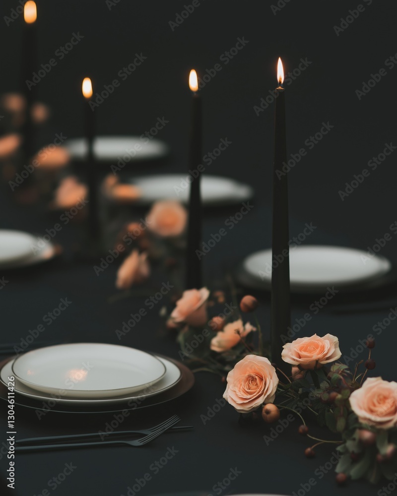 Poster table set for a formal dinner party or event. the table is covered with a black tablecloth and has w