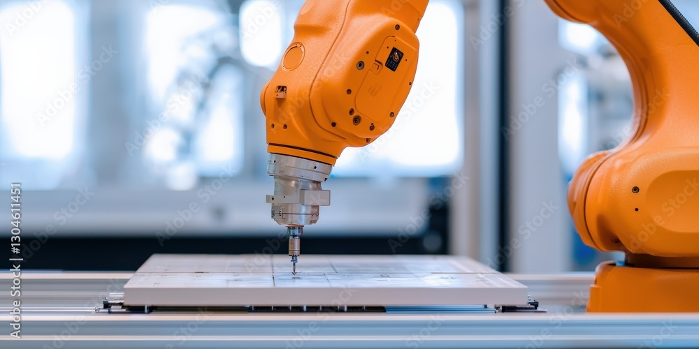 Poster industrial machinery and mechanical systems mechanized. robotic arm assembling components in a moder