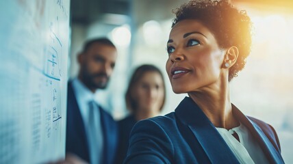 Confident Executive Woman Leading Market Analysis Discussion in Professional Business Setting