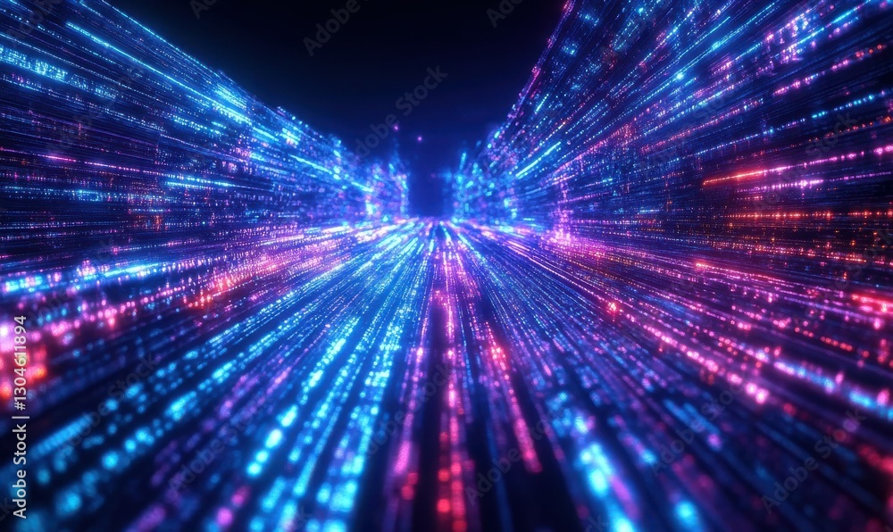 Poster vibrant futuristic rendering of glowing abstract light trails in dynamic neon colors, forming intric