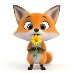 Obraz premium Adorable Orange Cartoon Fox Holding Yellow Daisy Against White Background