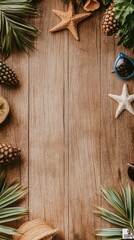 Tropical summer flatlay with starfish, pineapples, and sunglasses arranged on a rustic wooden surface