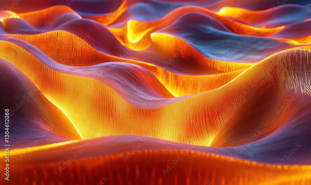 Poster vibrant glowing wave patterns illuminated by gradient lighting forming a bold futuristic abstract vi