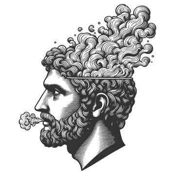recommend clip art: man with smoke emerging from his head, symbolizing thoughts and imagination sketch engraving generative ai fictional character raster illustration. Scratch board imitation. Black and white image.