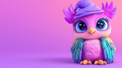 Obraz premium Adorable Pink Owl in Purple Witch Hat on Pastel Background