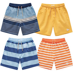 Four Pairs of Colorful Shorts with Striped and Solid Patterns Isolated on Transparent Background PNG