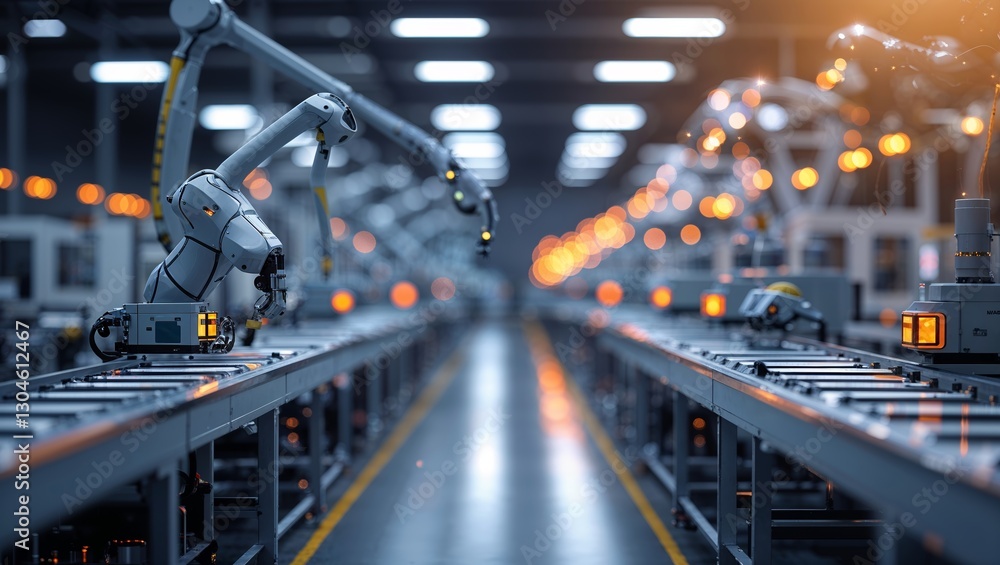 Poster automated robotic arms working efficiently on an assembly line in a modern factory during the evenin