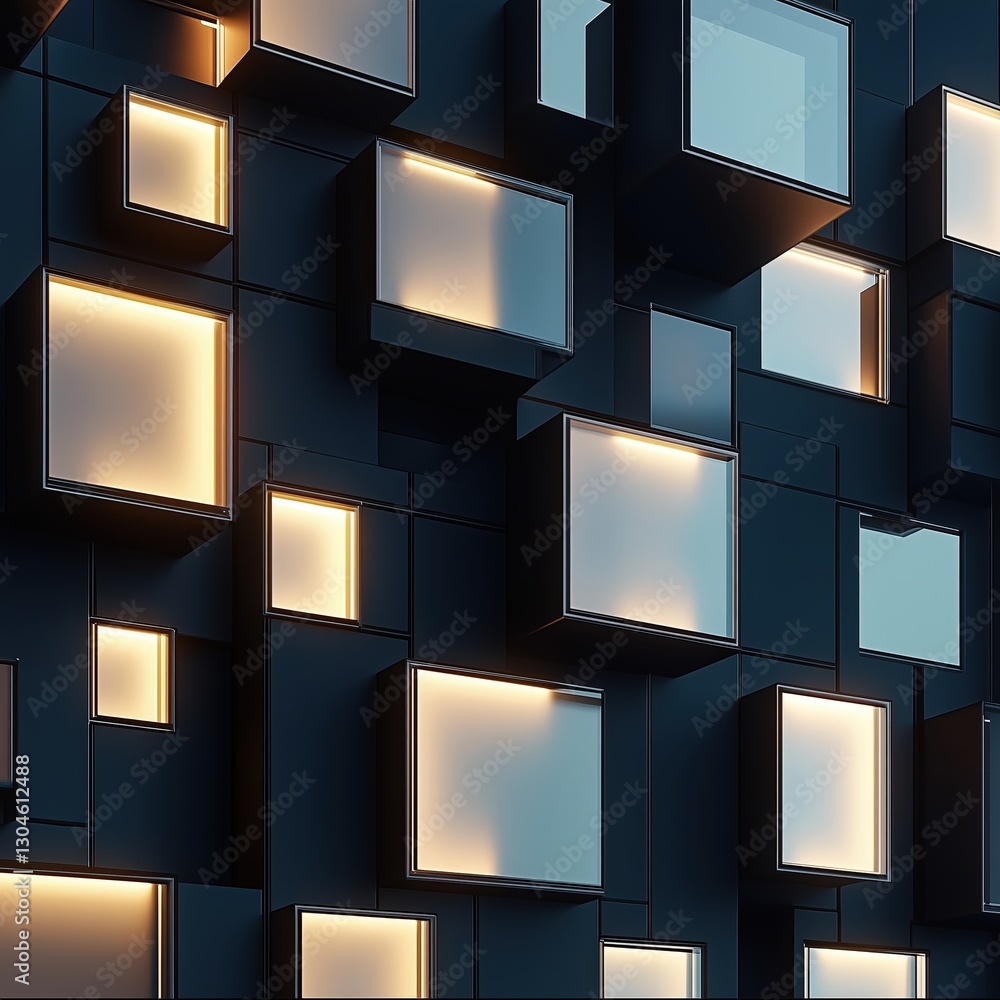 Poster abstract geometric arrangement of glowing and reflective squares and rectangles in a sophisticated d