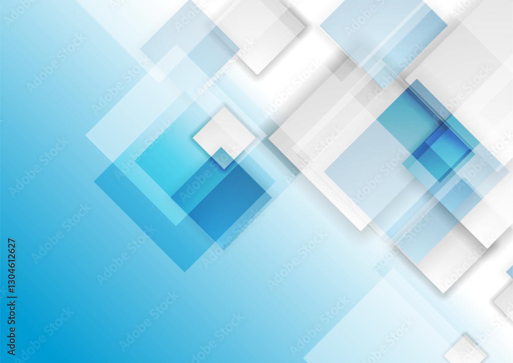 Poster light blue and white layered squares, geometric tech abstract background . vector digital design