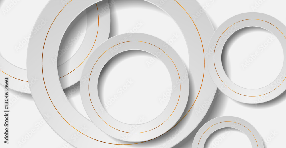 Poster paper grey layered 3d circles with golden lines abstract concept geometric background. vector graphi