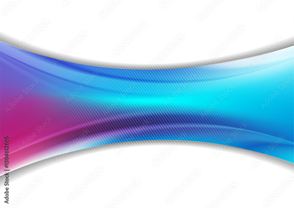 Poster bright shiny blue and purple flowing waves on white background with geometrical linear design. vecto