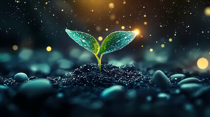 Night Growth of Fresh Green Seedling Emerging from Soil