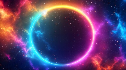A bright neon circle surrounded by colorful nebulae in space