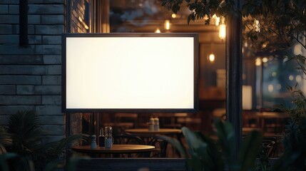 A close-up view of a large blank white rectangular sign mounted on a weathered, gray-brown wooden framed glass storefront, displaying a blurred, ambient interior scene of a cafe or restaurant