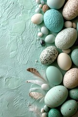 Obraz premium A vertical banner design for Happy Easter, featuring a frame of brown Easter eggs, flowers, quail eggs, and ceramic bunnies on a pastel green background, captured in a flat lay, top view with copy