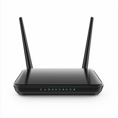 Fototapeta premium A sleek black wi fi router with dual antennas on a white background