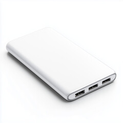 A slim white power bank with a usb c port on white background