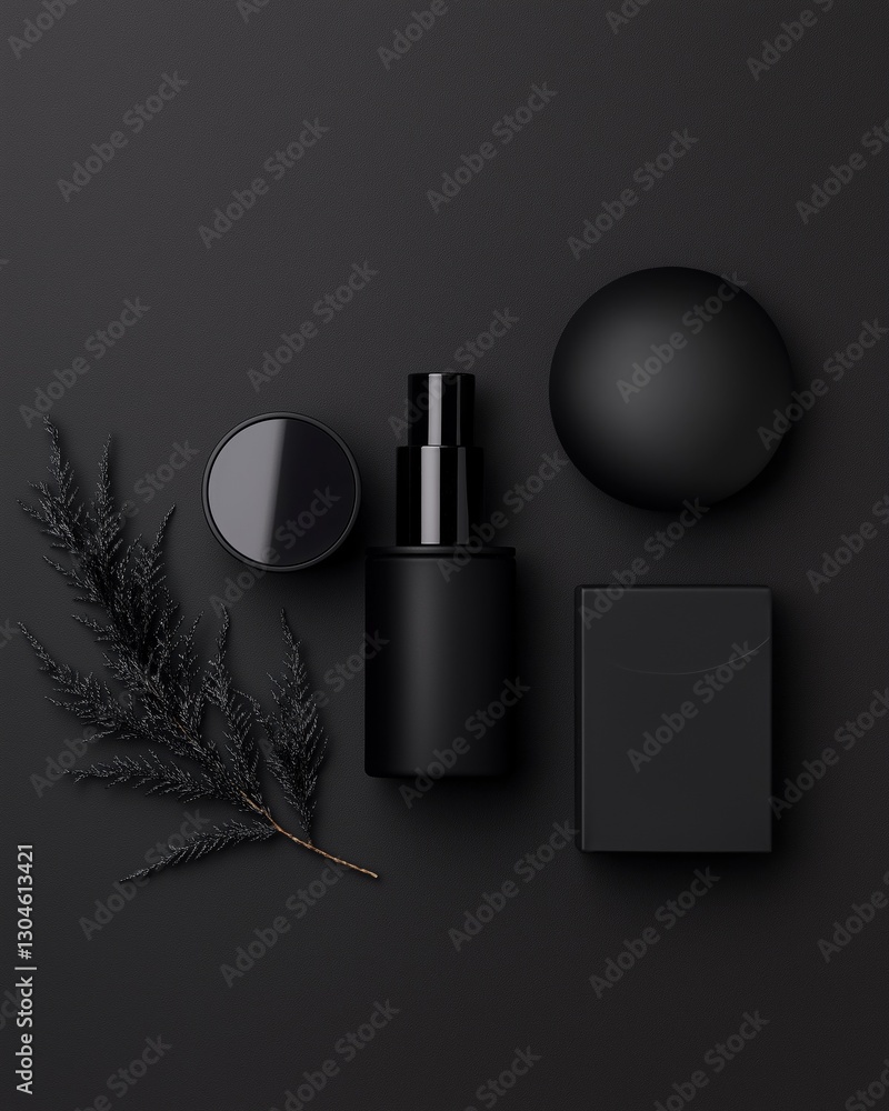 Poster flat lay of various black objects arranged on a dark grey background. on the left side of the image,
