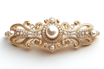 Elegant gold brooch adorned with intricate swirls and a central pearl, showcasing luxury and craftsmanship.