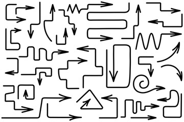 Set of black arrows. Sketch. Hand drawn signs. Vector illustration. Collection of arrows of different shapes, zigzag, round, curved, curl. Outline on isolated white background. Doodle style. 