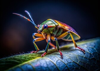 Naklejka premium Low Light Insect Macro Photography: Close-up of a Bug on a Leaf at Night
