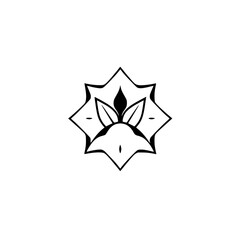 Minimalist black and white geometric symmetrical mandala icon of a flower, set against a white background.