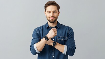 Confidently Stylish Young Man in Denim Shirt Adjusting Smartwatch against Gray Background