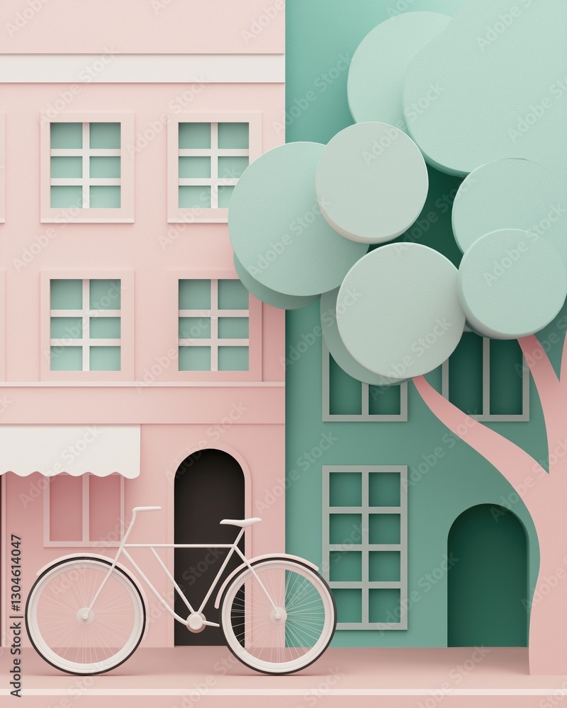 Aufkleber illustration of a pink building with a white bicycle parked in front of it. the building has multipl