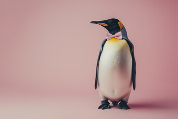 Fototapeta premium King penguin isolated on pink background. Copy space for text. Generative AI
