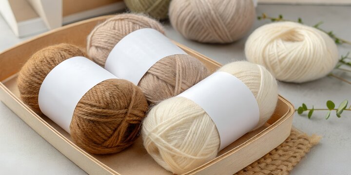  Neutral-toned yarn balls mockup with blank labels, featuring beige, cream, white, and brown hues. A perfect template for branding and textile product presentations.