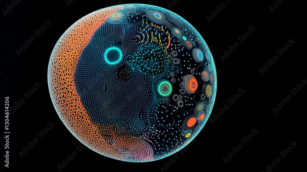 Poster abstract colorful sphere of dots and circles on a black background