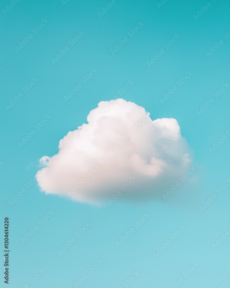 Poster photograph of a single white cloud in the sky. the cloud is in the center of the image and is the on