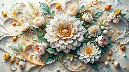 Low Light Ornate Floral Design, Intricate White Flower Detail, Elegant Botanical Illustration