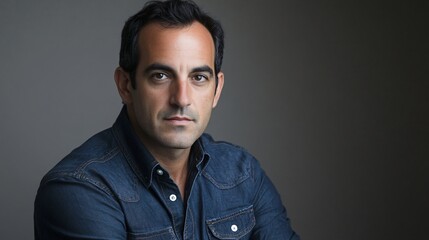 Well Groomed Man with Dark Hair in Denim Shirt and Smartwatch against Gray Background