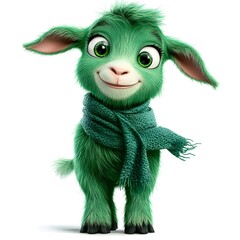 Cheerful Green Goat Kid in Teal Scarf on White