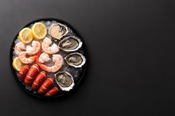 Fresh seafood platter arranged artfully with shrimp, lobster, an