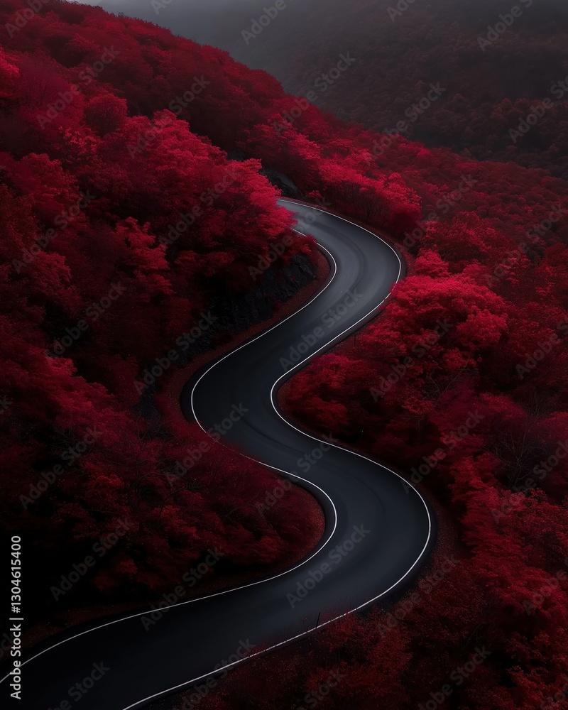 Poster landscape photograph of a winding road in the middle of a forest. the road is curving and curves aro