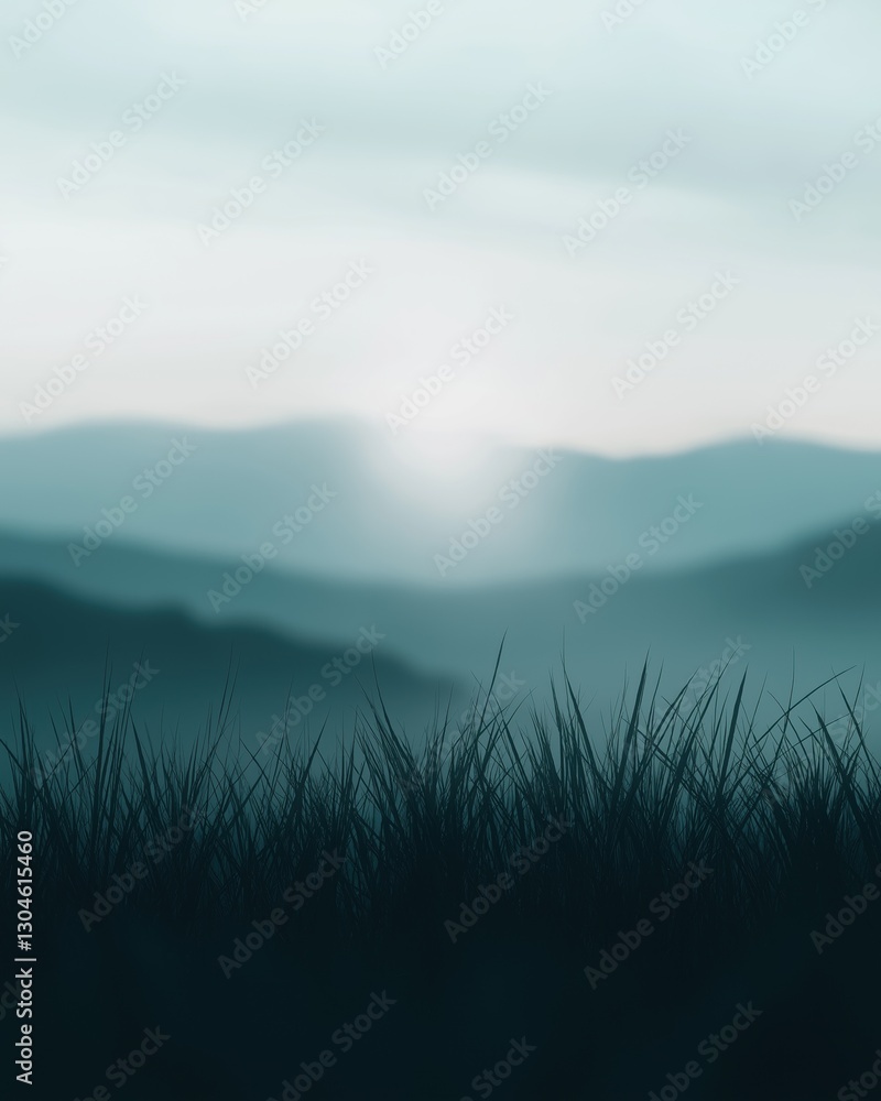 Poster landscape photograph of a grassy field with a view of a mountain range in the background. the sky is